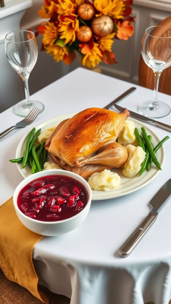 A cozy Thanksgiving dinner for two featuring roasted turkey, mashed potatoes, green beans, and cranberry sauce.